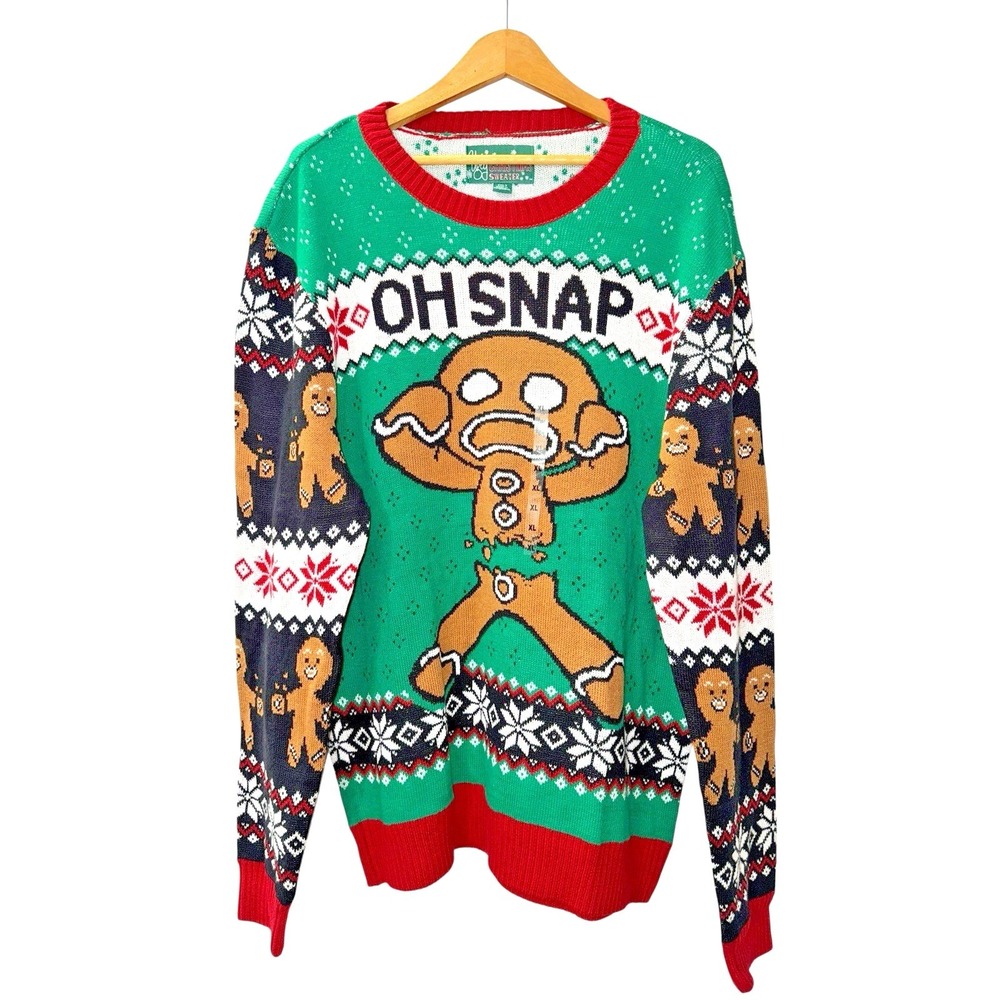 NEW Ugly Christmas Sweater Mens‎ XL Oh Snap Gingerbread Man Green Pullover